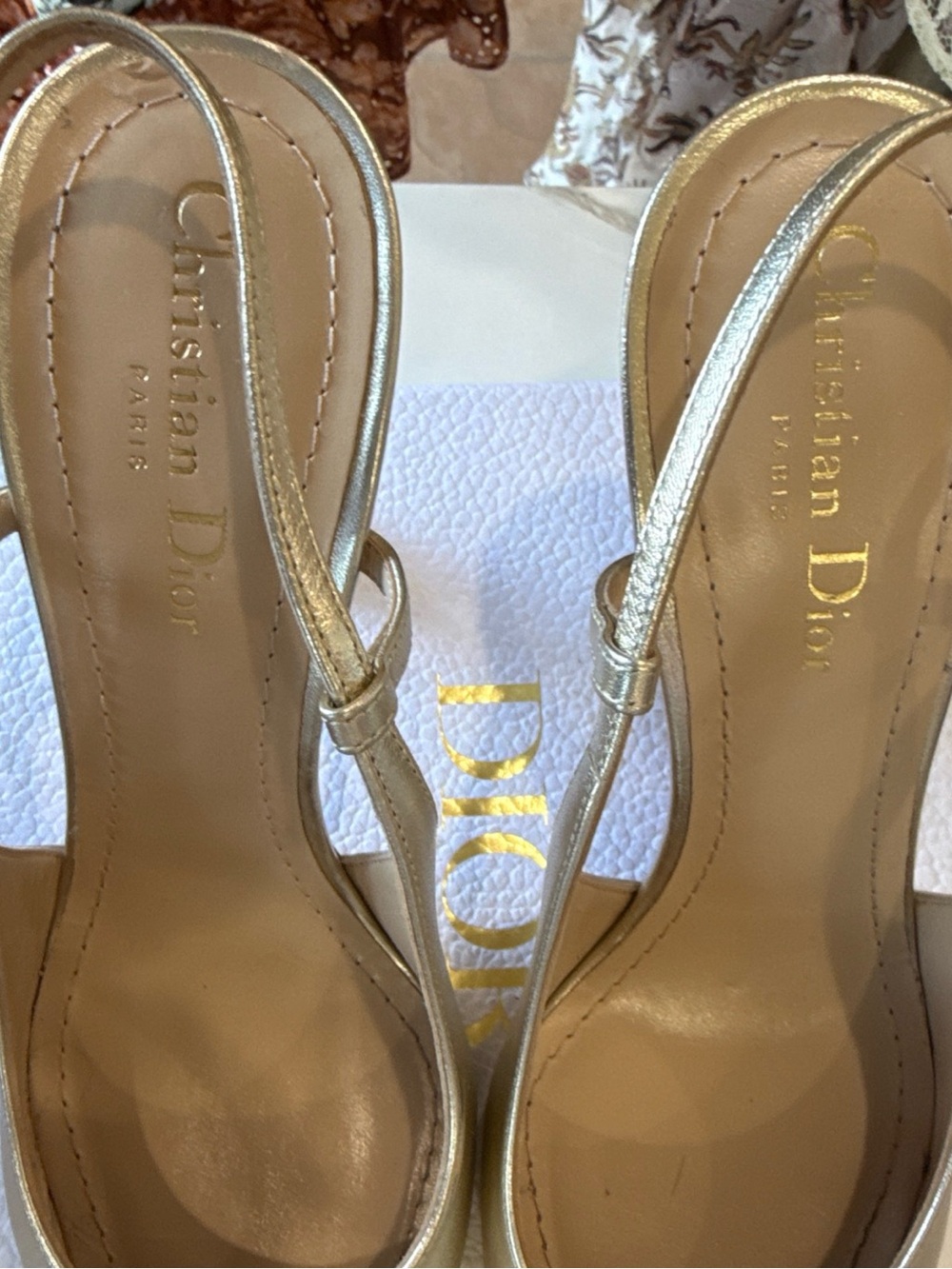 Dior Metallic Gold Pointed Slingback Heels with Crystal Heel Accent - Picture 8 of 12